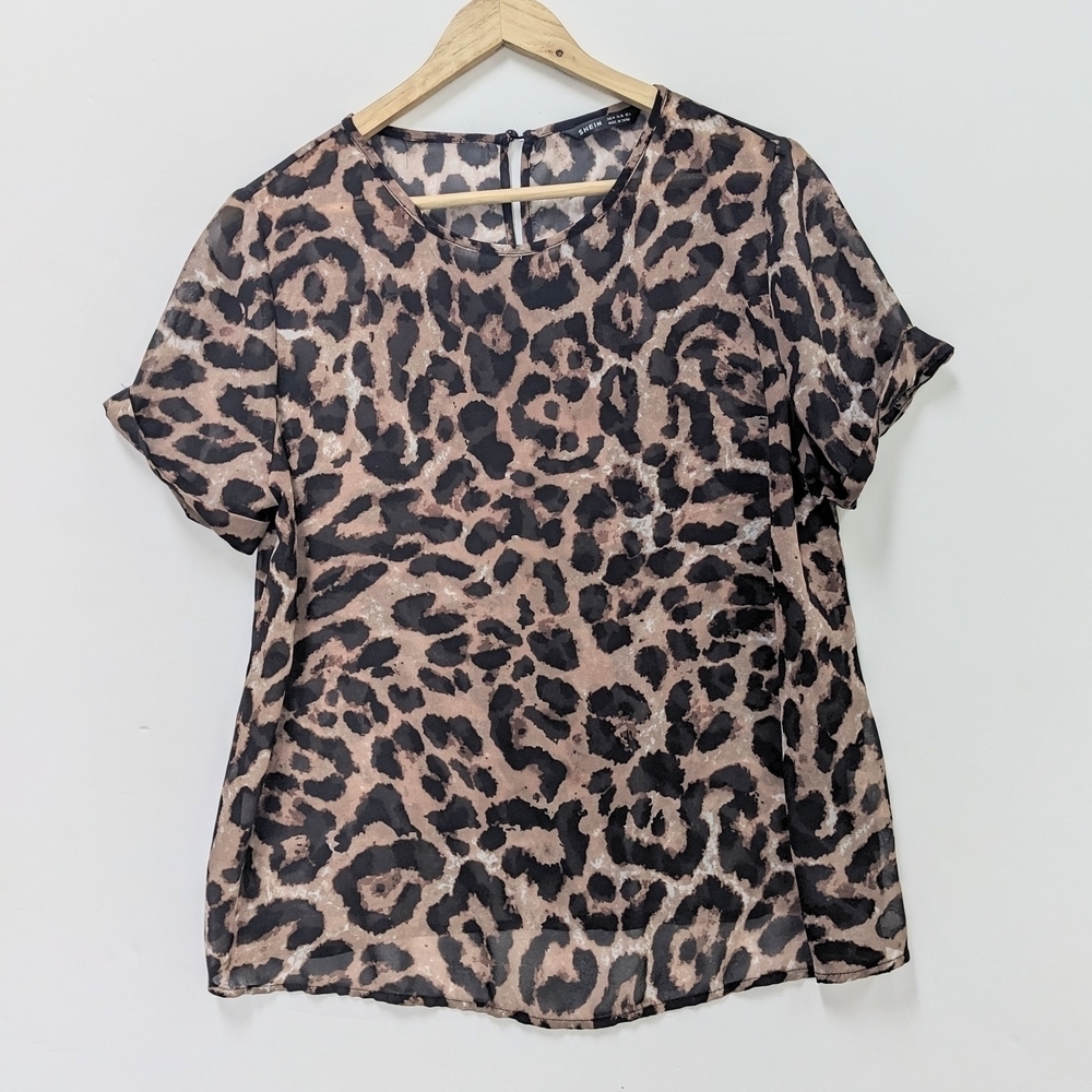 ⚡SHEIN Leopard Print Short Sleeve Semi Sheer Blouse